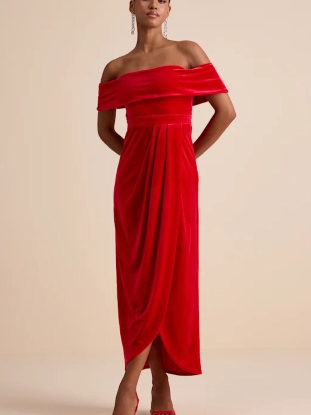 New Lulus I’m Excited Off-Shoulder Red Velvet Midi Dress Sz Small